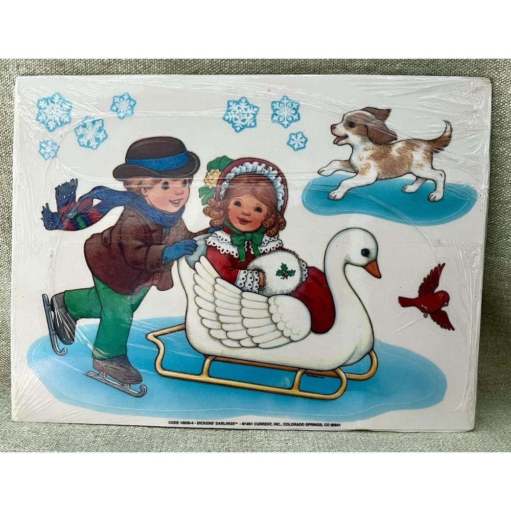 Vintage 1991 Current Inc Dickens Darlings Winter Window Cling Decal Swan Sleigh